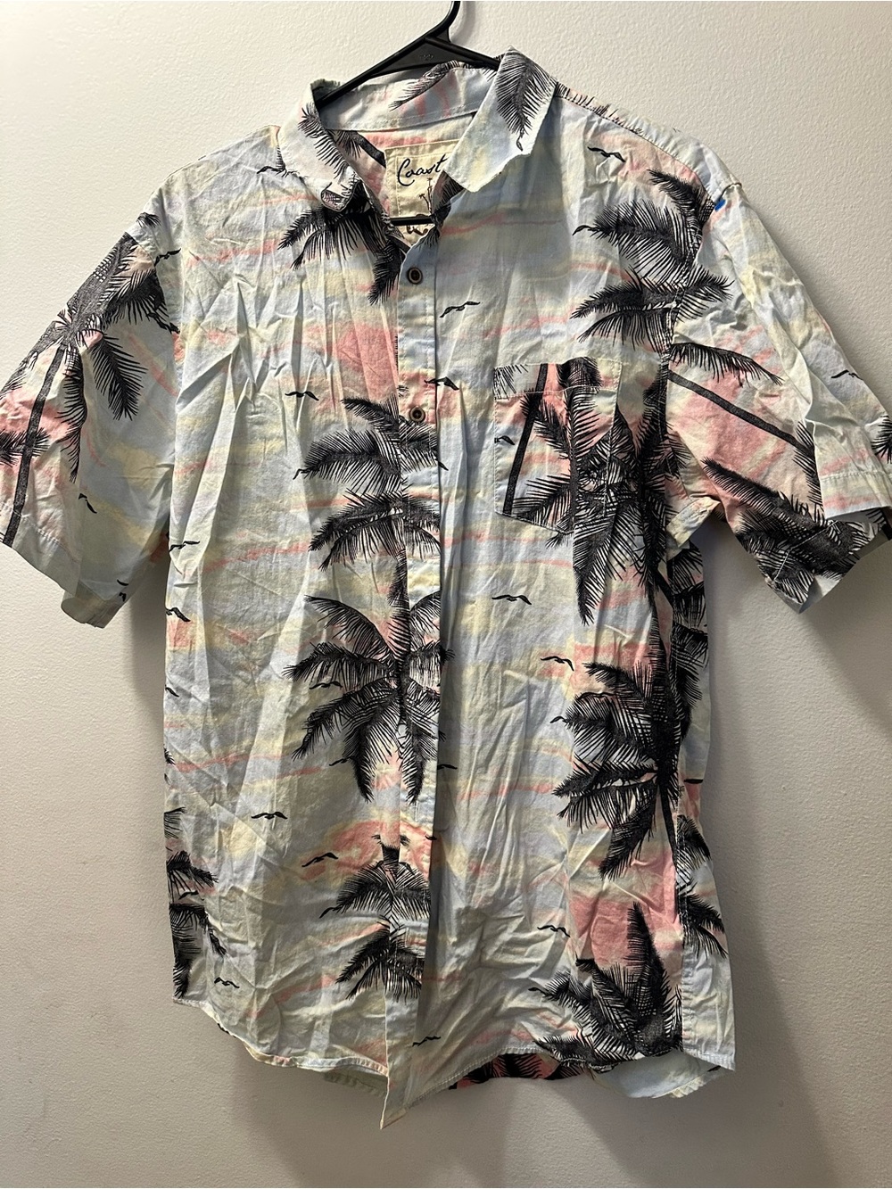 Coast Palm-Print Short-Sleeve Button-up Shirt in Light Blue and Pink